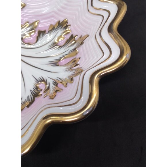 Vtg. APM Shell Dish Gold Leaf Accent 9" Pink White Gold Trim Hollywood Regency - Picture 7 of 8
